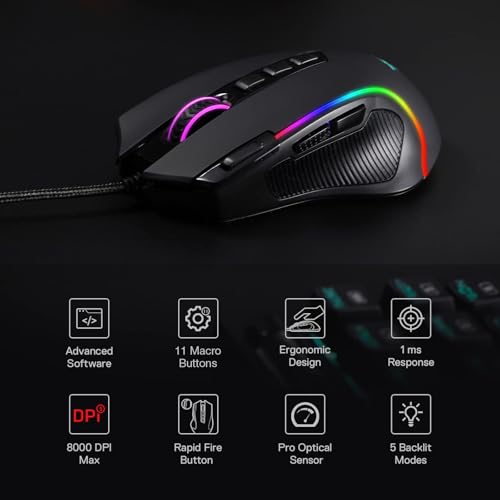 Redragon M612 유선 RGB 광학 게이밍 마우스 8000 DPI 리매핑 키 | 안정적인 지연 없는 연결, 키바인딩 매크로 재정의, 진동 백라이트, 인체 공학적 그립 바디 편안함 - color: 블랙., style: 유선
