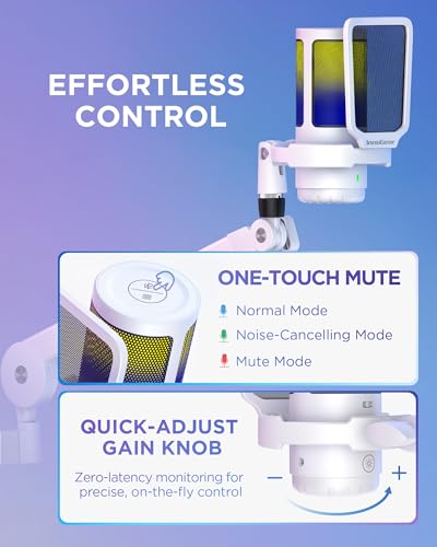 InnoGear USB Gaming Microphone for PC Boom Arm Condenser Mic Set, White | One-Touch Mute, Interruption-Free, Adjustable Boom Arm, Zero-Latency Monitoring, Work with Xbox, Changeable RGB Modes - color: White, style: 2-Axis Arm with Mic