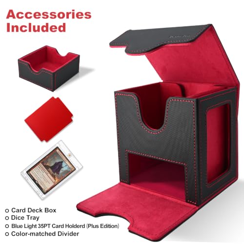 Commander Deck Box for MTG/PTCG/TCG - Patent Pending, Black Red | Card Deck Box with Display Fits 100+ Double-Sleeved Cards, Magnetic Trading Card Box with Dice Tray & 35PT Card Holder - color: Black Red