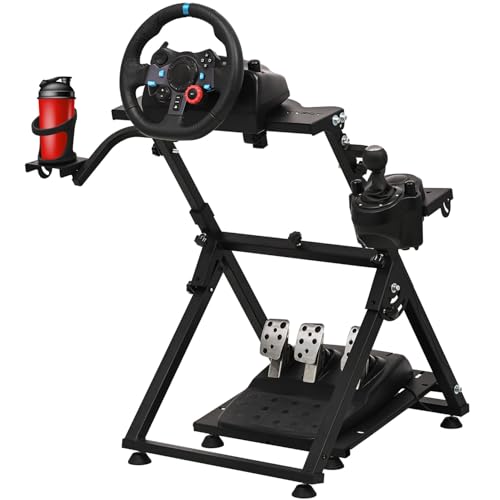 CXRCY Racing Wheel Stand, Cup Holder, Foldable, Adj for G920 G29 G27 G25 | For Fanatec & Thrustmaster (T248,T300RS,T150). Xbox,PS4,PS5,PC. Foldable, height adj, cup holder. Wheel/pedals not incl. - color: Black with Cup Holder
