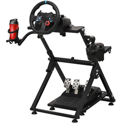 CXRCY Racing Wheel Stand, Cup Holder, Foldable, Adj for G920 G29 G27 G25 | For Fanatec & Thrustmaster (T248,T300RS,T150). Xbox,PS4,PS5,PC. Foldable, height adj, cup holder. Wheel/pedals not incl. - color: Black with Cup Holder