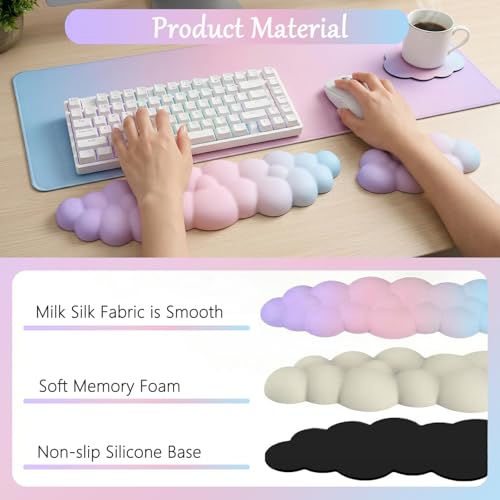 Cloud Mouse Pad Keyboard Wrist Rest 4PCS Extended Large Pink Sky Desk Mat Pad Set Memory Foam Non-Slip Cute Ergonomic Gaming Mouse Pad Wrist Support for Computer Laptop Home Office Pink Purple - color: 4pcs Pink Purple