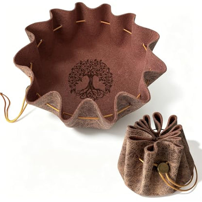 Leather Dice Tray with Life Tree Printed, 2-in-1 Collapsible Dice Rolling Tray & Drawstring Pouch, Portable Dice Bag for Tabletop Games, Rune Crystal Holder & Jewelry Storage - color: Pcd04y