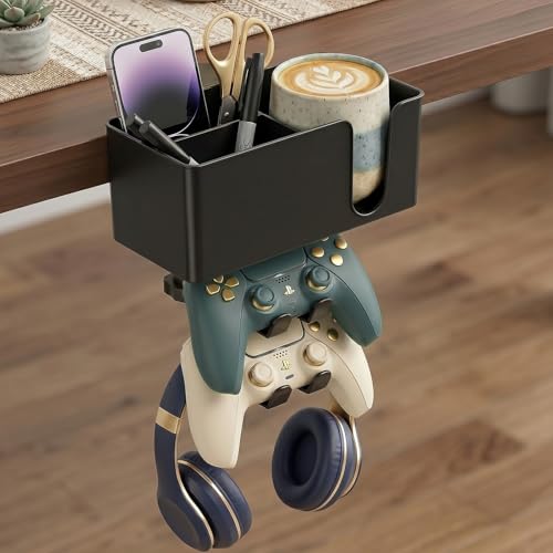 MYITYARD 5 in 1 Desk Cup Holder Clamp, Detachable Pencil Holder with Rotating Headphone Hanger & Controller Holder, Desk Organizer for Cup, Pen, Phone, Gaming Office Desk Accessories - color: With Two Controller Holders