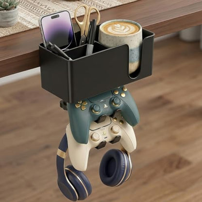 MYITYARD 5 in 1 Desk Cup Holder Clamp, Detachable Pencil Holder with Rotating Headphone Hanger & Controller Holder, Desk Organizer for Cup, Pen, Phone, Gaming Office Desk Accessories - color: With Two Controller Holders