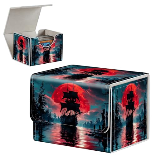 Deck Box for MTG/TCG/CCG,100+ Sleeved Card Holder,PU Leather 4.1×3.15×3.54 Trading Card Storage Box Case with Magnetic Closure,Quick Access for MTG Game Cards,Red Moon Pirate Ship - color: Red Moon Pirate Ship, size: 4.1×3.15×3.54 inch