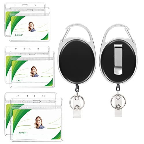 2 Pack Badge Reels Retractable, Heavy Duty Carabiner Badge Reel Clip with 24” Steel Pull Cord for Nurses, Students, Teachers, Office Workers... Equipped with Horizontal Clear ID Card Holders(6 pcs - color: 6+2 Reels