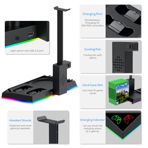 RGB Charging Stand with Cooling Fan for Xbox Series X Console & Controller | Dual Charge Station Cooler System Accessories with 15 RGB Light,2x1400mAh Rechargeable Battery,Headphone Stand,Game Disc Slot
