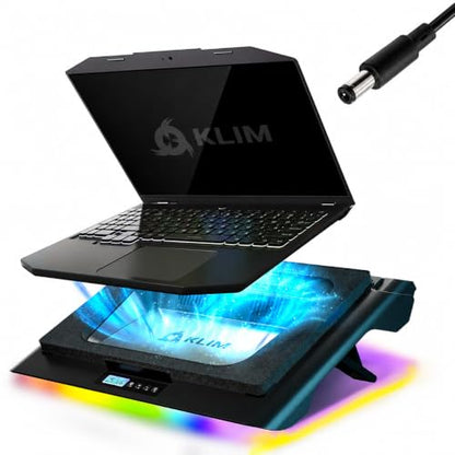 KLIM Everest Plus Gaming Laptop Cooling Pad - 6300 RPM Turbo Fan Cooler | Powerful DC cooling pad with dual turbo fans, RGB lighting, sealed foam design, cools fast. Fits 11-17.3in laptops.