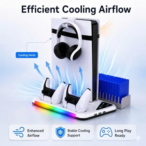 PS5/Slim/Pro Stand for Disc & Digital Console | Controller Charging Station, RGB Light & 3 Level Cooling Station , PS5 Accessories Headset Holder, Game Card Holder - color: White LED
