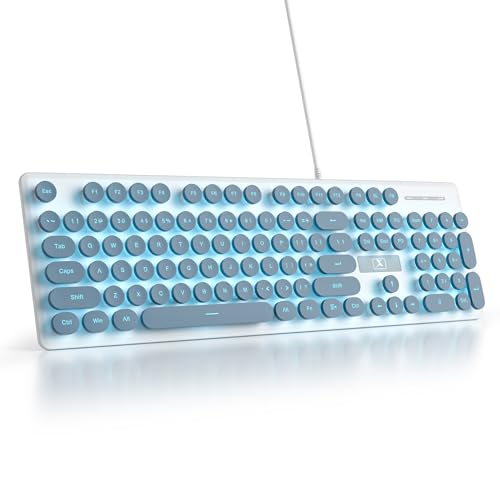 Wired Quiet Membrane Keyboard,Full Size 104-Keys Retro Punk Typewriter White LED Backlit ，USB Ultra Slim Gaming Keyboard with ABS Round keycaps for Windows/PC/Laptop (Blue) - color: Blue