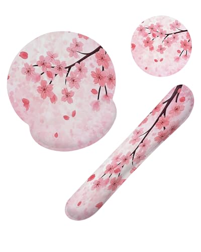 Cherry Blossom Pink Flower Mouse Pad with Wrist Rest Set, 3-in-1 Wrist Support Mousepad Set, Gaming Mat Pad with Anti-Skid Base,Ergonomic Memory Foam Mouse Pad Set for Women, Office, Typing, Gaming - color: Cherry Blossom Pink Flower