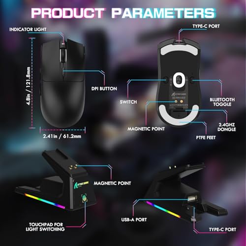 ATTACK SHARK X1 Ultralight Tri Mode Wireless 40000 DPI Gaming Mouse-Black | Magnetic RGB Charging Dock,PixArt PAW3395 Pro Sensor,BT/2.4Ghz/Wired,1K Polling,Optical Micro Switch,Driver for PC Mac Gamer - color: Black