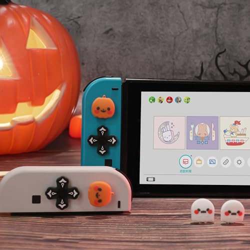 GeekShare Switch Accessories Cute Silicone Cross D-Pad Button Caps Set Joystick Cover - ABXY Key Buttons Sticker Spooky Gift Compatible with Switch/OLED Joysticks - Pumpkin & Ghost - color: Pumpkin & Ghost