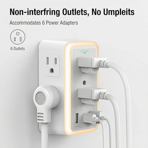 Power Strip Surge Protector, 6 AC Outlet with 3 Port USB Power Strip Charger and Night Light, 1500J Multi Plug Wall Outlet for Home, Office, Dorm Essential