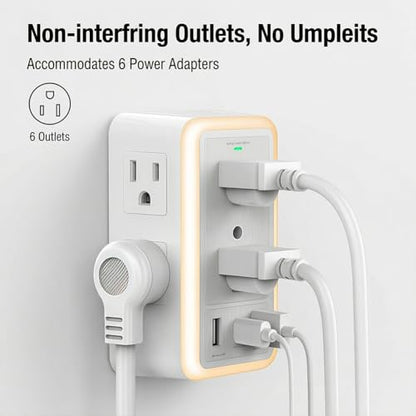 Power Strip Surge Protector, 6 AC Outlet with 3 Port USB Power Strip Charger and Night Light, 1500J Multi Plug Wall Outlet for Home, Office, Dorm Essential
