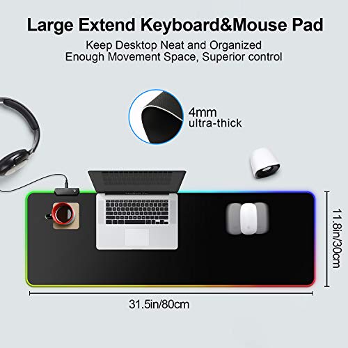 RGB Gaming Mouse Pad Extended Large LED Mouse Pad Anti-Slip Base Computer Keyboard Mouse Mat for Gaming Computer/Laptops/Office Desk (31.5 x 11.8 x 0.16 in, Black)