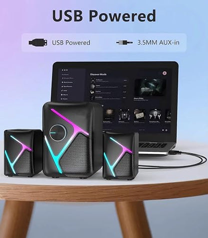2.1 Gaming Speakers with RGB Gradient Light, PC Speakers with Dynamic Sound, USB Powered & 3.5mm Aux, Desktop Computer Speakers with Volume Control, Compatible with PC, Laptop, PS4, TV, Phone