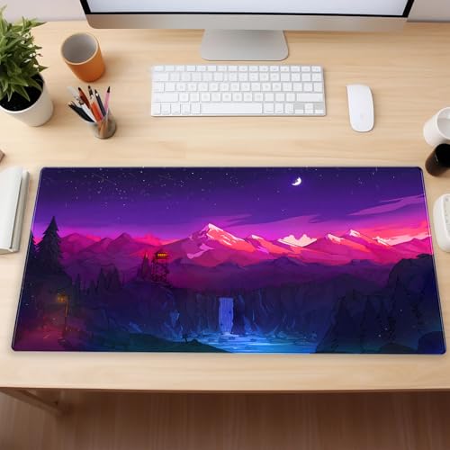 Purple Mountain Desk Mat, Night Sky Large Gaming Mouse Pad 31.5x15.7 in | Aesthetic purple starry night desk pad with comfortable 3mm cushion, smooth fabric top, and non-slip rubber base. - color: Anime Art Scenery1