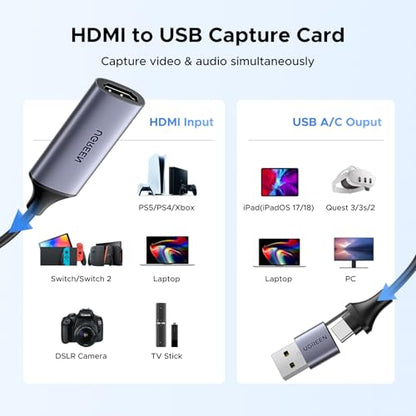 UGREEN Full HD 1080P Capture Card 4K HDMI to USB 2.0 HDMI Video Capture Card USB-A/USB-C Audio Recording for Gaming, Streaming, Teaching Compatible with Switch 2/Xbox/PS4/PS5/Camera
