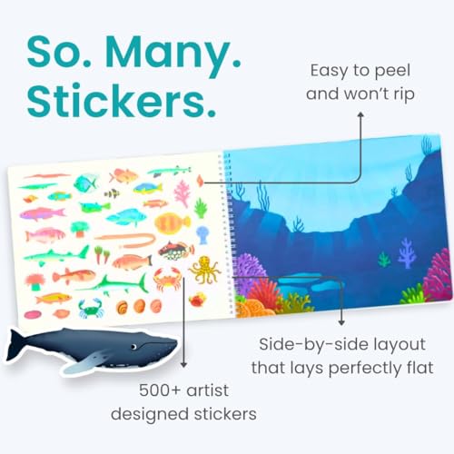 Ocean 500+ Kids Sticker Book by Cupkin Toddler Airplane Travel Activity Coloring and Sticker Book, Road Trip Essentials, 12 Coloring Pages 12 Scenes for Ages 2–8 Years - color: Deep Blue Sea
