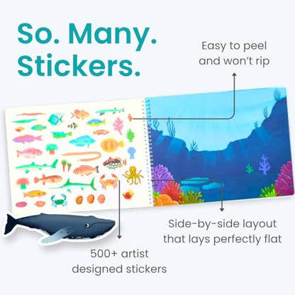Ocean 500+ Kids Sticker Book by Cupkin Toddler Airplane Travel Activity Coloring and Sticker Book, Road Trip Essentials, 12 Coloring Pages 12 Scenes for Ages 2–8 Years - color: Deep Blue Sea