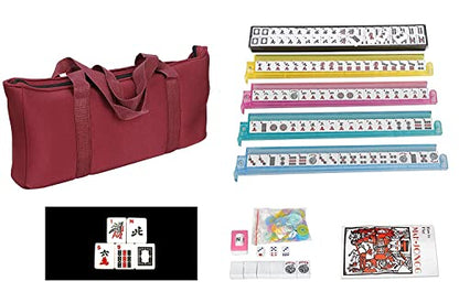 American Mahjong Set - Red Burgundy Soft Bag - 166 White Engraved Tiles, 4 All-in-One Rack/Pushers Western Mah Jongg Game Set