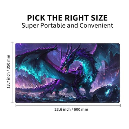 Patterned Gaming Playmat Compatible with MTG, Compact Card Game Mat with Stitched Edges, Natural Rubber Desk Pad with Transparent Drawstring Bag, 23.6 x 13.7 Inch, Dragon Purple Blue Glowin - color: Dragon Purple Blue Glowin, size: 24"X14" Regular