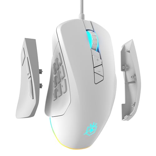 Wired Gaming Mouse with Side Plates, MMO Mouse with 14 Programmable Buttons, Ergonomic Gaming Mouse with 2 Grip Plates, Computer Mouse with Max 12,400 DPI, RGB Lighting, White