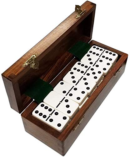 Marion Domino Double Six White Jumbo Tournament Professional Size with Spinners in Dovetail Sheesham Wood Box. - color: White