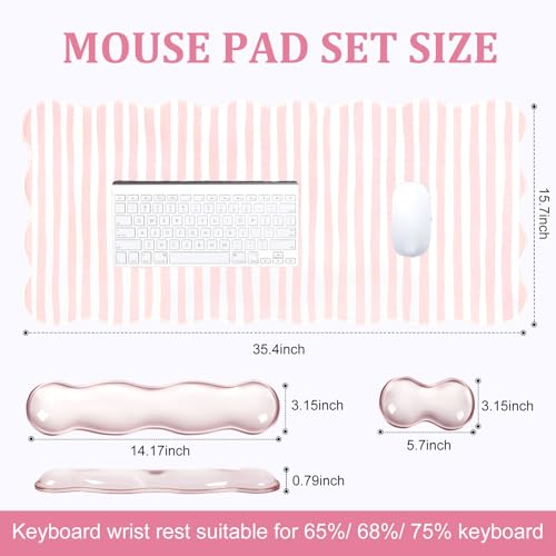 L-SPOUTTO Pink Striped Mouse Pad Set,Scalloped XXL Desk Mat + Ergonomic Mouse Wrist Rest + Gel Keyboard Wrist Rest for Keyboard 65%/75%,3in1 Large Desk Pad for Desktop Home Office Computer Game - color: Pink Striped