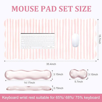 L-SPOUTTO Pink Striped Mouse Pad Set,Scalloped XXL Desk Mat + Ergonomic Mouse Wrist Rest + Gel Keyboard Wrist Rest for Keyboard 65%/75%,3in1 Large Desk Pad for Desktop Home Office Computer Game - color: Pink Striped