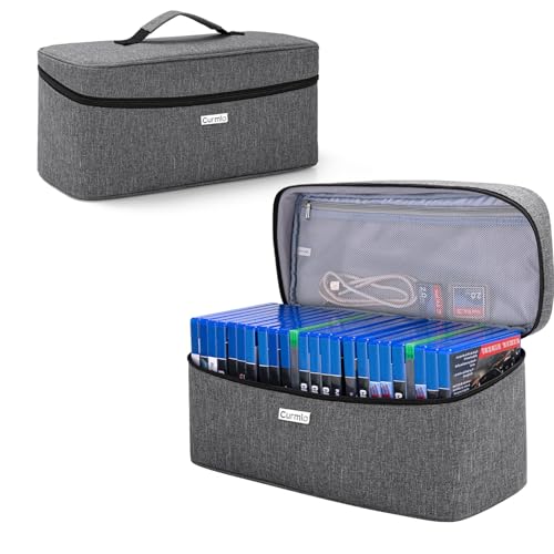 CURMIO Game Disc Holder Case, Storage Bag for Up to 24 Video Discs, Gray | Compatible with PS4/PS4 Pro/PS3/PS5/Xbox One/Xbox Series X/S Video Game Discs, Top Handle, Portable, Home and Travel Use - color: Gray