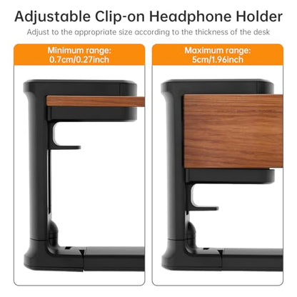 2pcs Under Desk Headphone Hanger Holder Utility Hook 360° Rotating Adjustable Clamp-on Earphone Hook Holder Mount Cable Clip Organizer Fit for PC Gaming Office Headset Hanger Gift (Black) - color: Black