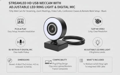 StreamLED HD USB Webcam with Adjustable LED Ring Light & Digital Mic – 720p Web Cam for Streaming, Zoom Meetings, Video Calls, Conferencing, Online Classes & Remote Work Setup
