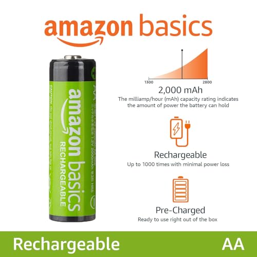 Amazon Basics 8-Pack Rechargeable AA NiMH Batteries, 2000 mAh, 1.2V, Low Self Discharge, Long-Lasting, Pre-Charged, Recharge up to 1000x Times - size: 8 Count (Pack of 1)