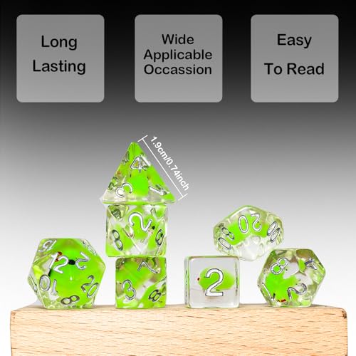 7-Piece Duck Dice Set with Velvet Bag, Green Translucent Polyhedral RPG Dice for Dungeons and Dragons, Board Games, Tabletop Gaming, Love Theme, Adult Collector's Gift