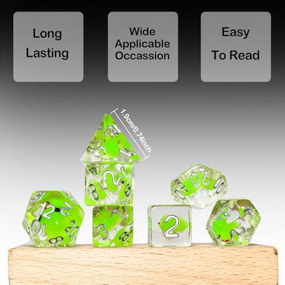 7-Piece Duck Dice Set with Velvet Bag, Green Translucent Polyhedral RPG Dice for Dungeons and Dragons, Board Games, Tabletop Gaming, Love Theme, Adult Collector's Gift