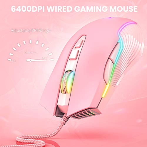 Cute RGB 6400 DPI Wired Gaming Mouse Breathing LED Optical USB 7 Buttons Gamer Computer Pink Mice for Laptop PC Desktop (Pink) - color: Pink