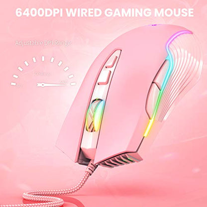 Cute RGB 6400 DPI Wired Gaming Mouse Breathing LED Optical USB 7 Buttons Gamer Computer Pink Mice for Laptop PC Desktop (Pink) - color: Pink