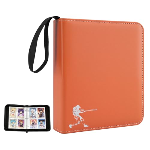 PU Leather Baseball Card Binder,Double Sided Orange Card Binder 4 Pocket Holds 400 Cards,50 Removable Sleeves Baseball Cards Binder,3 Ring Zipper Holder Sports Cards Collection for TCG, MTG - color: Orange, size: Medium