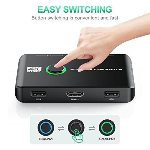 4K KVM Switch HDMI 2 Port Box, USB HDMI KVM Switches for 2 Computers Share Keyboard Mouse Printer and one HD Monitor, Support UHD 4K@60Hz, with 2 USB Cables and 2 HDMI Cables