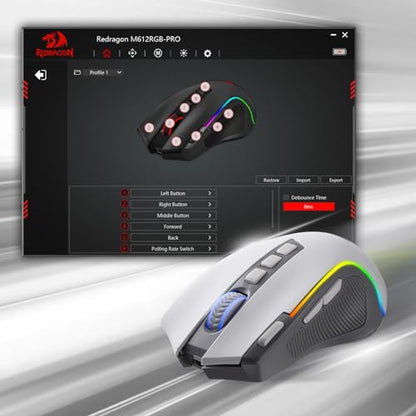 Redragon M612 Wireless RGB Optical Gaming Mouse 8000 DPI Remapping Keys | Cable-Free 0 Delay, Redefine Keybinding Macro, Vibing Backlight, Ergonomic Grip Body Comfort - color: Gray, style: Wireless