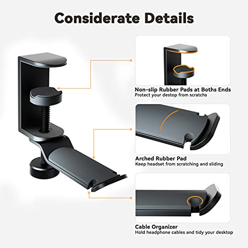 Under Desk Headphone Stand - 360 Degree Rotating Aluminum PC Gaming Headset Holder with Cable Organizer, Adjustable Screw Clamp Hanger for Heavy Headphones, VR Glasses & Bags, Universal Fit