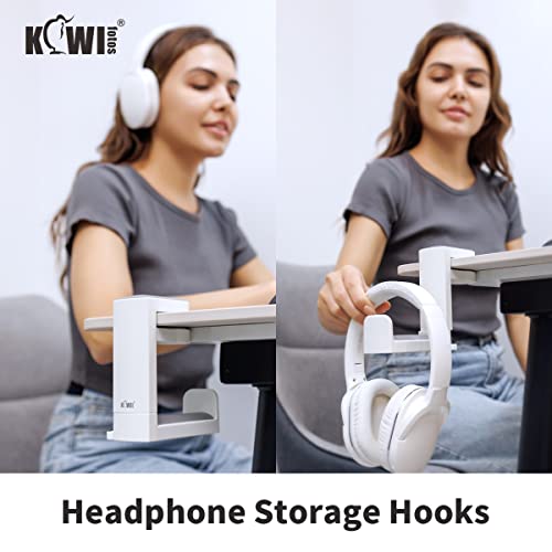 KIWIFOTOS Headphone Stand Holder Under Desk, PC Gaming Headset Hook Hanger Mount with 360 Adjustable Rotating Arm Clamp & Built in Cable Clip - White | Fits 0.4-1.6" desks, 2.4" headbands. 360° arm swivels. Built-in cable clip. Soft silicone pad. White. L