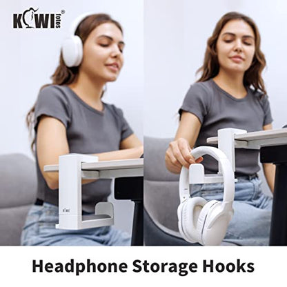KIWIFOTOS Headphone Stand Holder Under Desk, PC Gaming Headset Hook Hanger Mount with 360 Adjustable Rotating Arm Clamp & Built in Cable Clip - White | Fits 0.4-1.6" desks, 2.4" headbands. 360° arm swivels. Built-in cable clip. Soft silicone pad. White. L