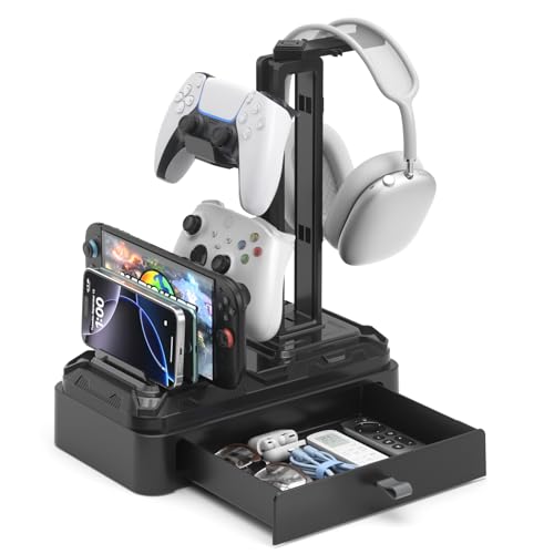 KDD Headphone Stand with Drawer - Rotatable Headset & Detachable Controller Holder for Desk - Multifunctional Organizer with Device Slot for Phones, Tablets - Universal for Gaming Accessories