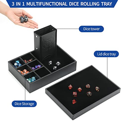 Grajar 3 in 1 Dice Tray with Lid, Portable Dice Box Storage, DND Dice Holder for Dungeons and Dragons D&D RPG MTG Table Games (Black) - color: Black