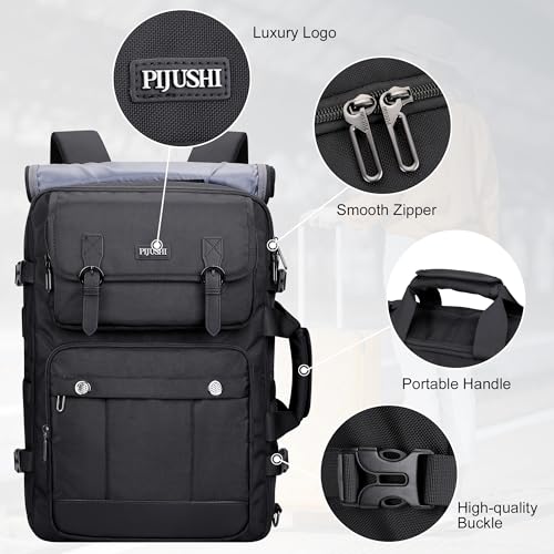 PIJUSHI 3-In-1 Travel Backpack for Women with 16" Padded Laptop Compartment | Convertible Carry On Luggage/Duffel/Shoulder with 180° Open, USB Port, Dry/Wet Pocket for Airport, Daily, PE049 Black