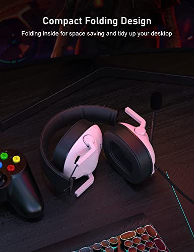 SENZER SG500 Surround Sound Pro Gaming Headset with Noise Cancelling Microphone - Soft Memory Foam Padding - Portable Foldable Headphones for PC, PS4, PS5, Xbox One, Switch - Pink - color: Pink